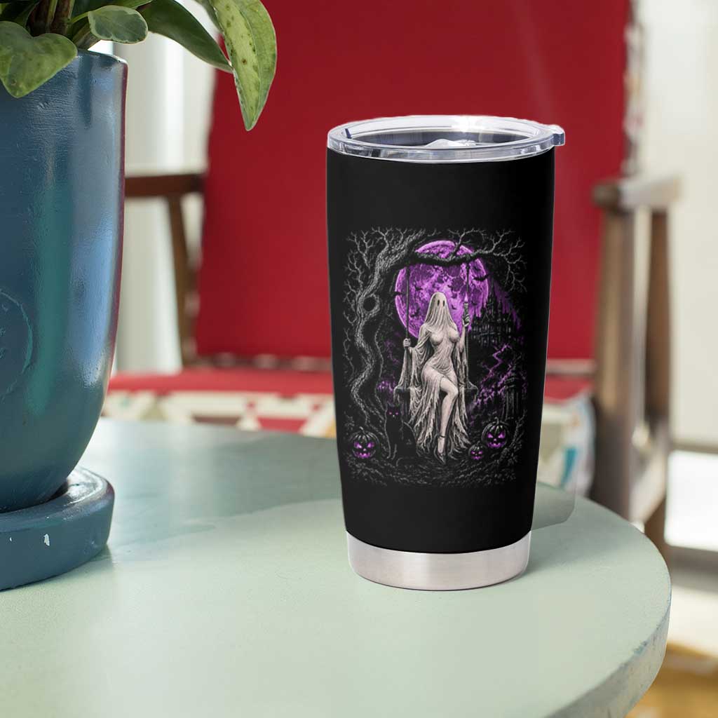 Mystical Ghost Girl Halloween Tumbler Cup Gothic Purple Moon Haunted Castle Art