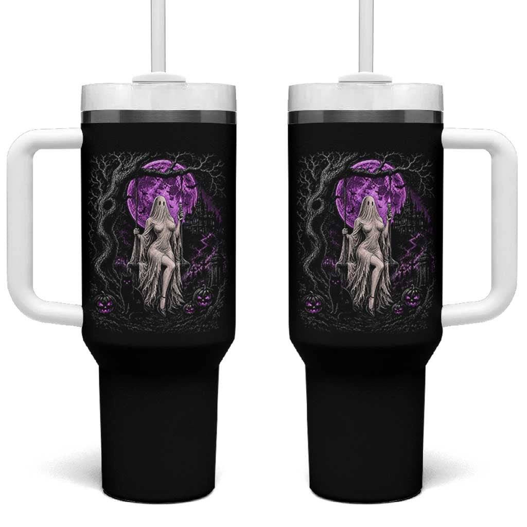 Mystical Ghost Girl Halloween Tumbler With Handle Gothic Purple Moon Haunted Castle Art