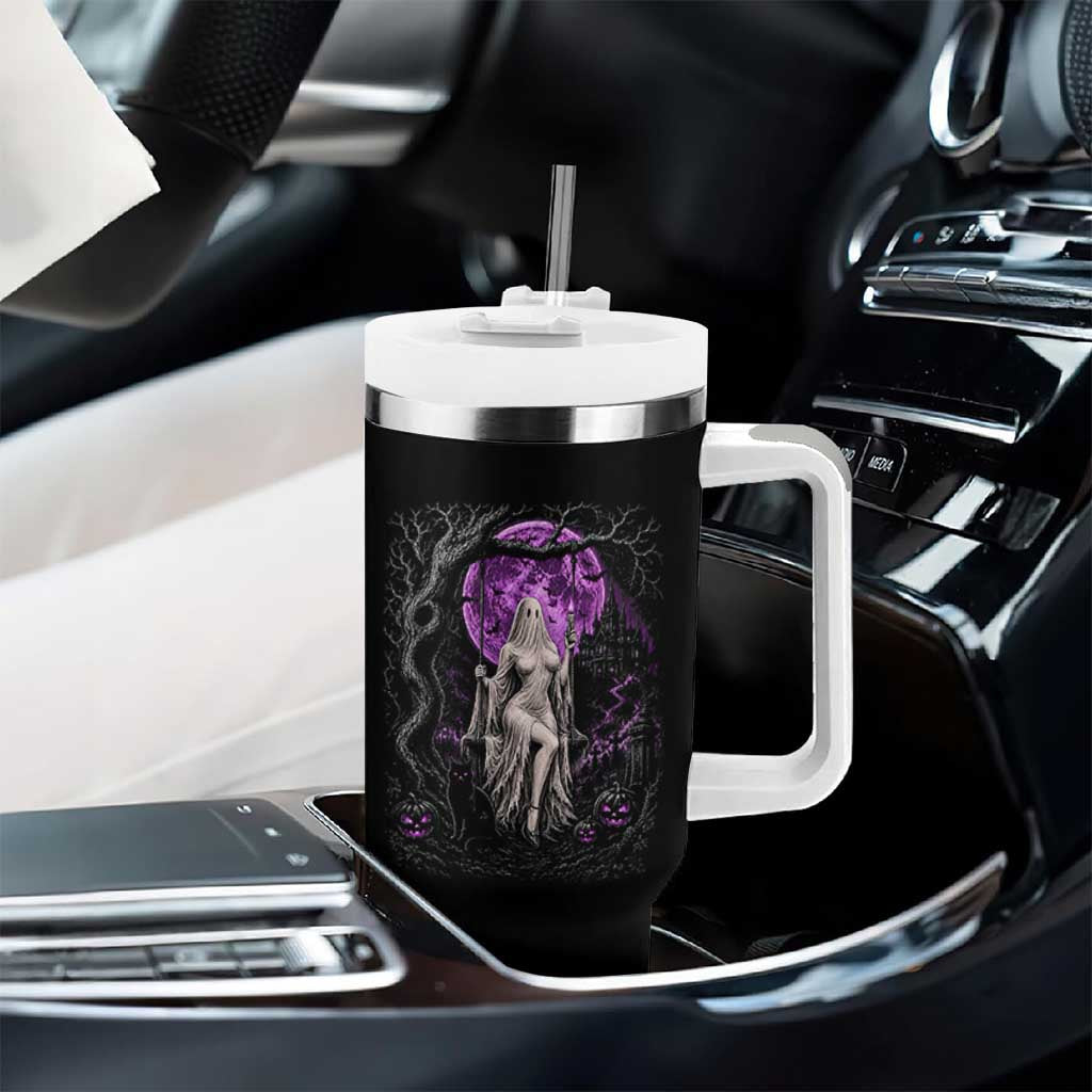 Mystical Ghost Girl Halloween Tumbler With Handle Gothic Purple Moon Haunted Castle Art