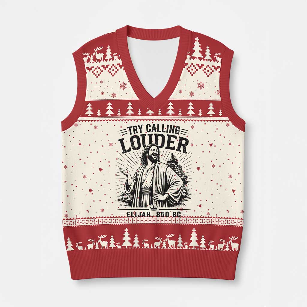 Funny Christian Elijah Faith V-Neck Knit Sweater Vest Try Calling Louder 850 BC Bible Graphic