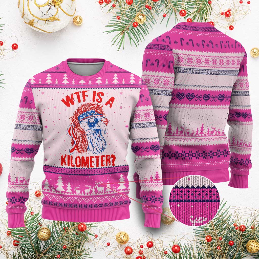 WTF is A Kilometer Ugly Christmas Sweater Patriotic Eagle 4th of July USA American Flag