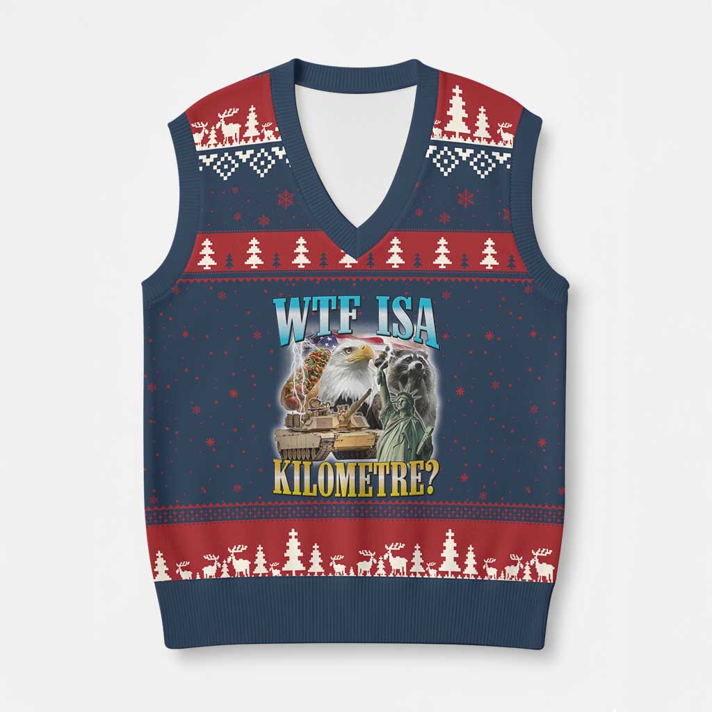 WTF is A Kilometer V-Neck Knit Sweater Vest Funny USA Patriotic Bootleg Meme