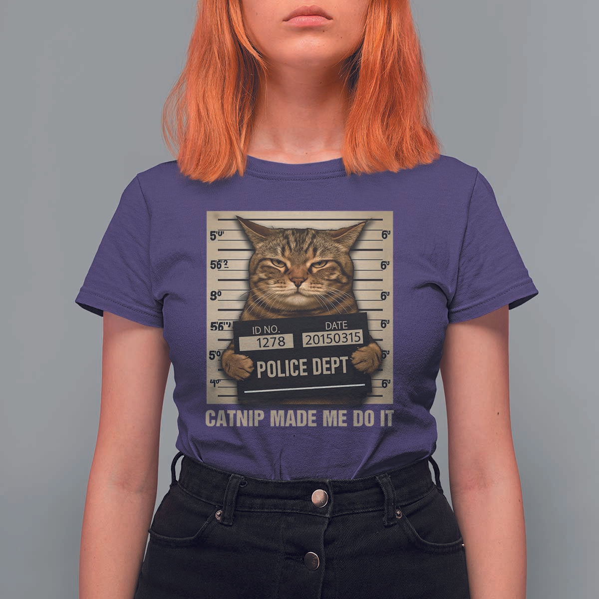 Funny Cat Mugshot T Shirt For Women Catnip Made Me Do It - Wonder Print Shop