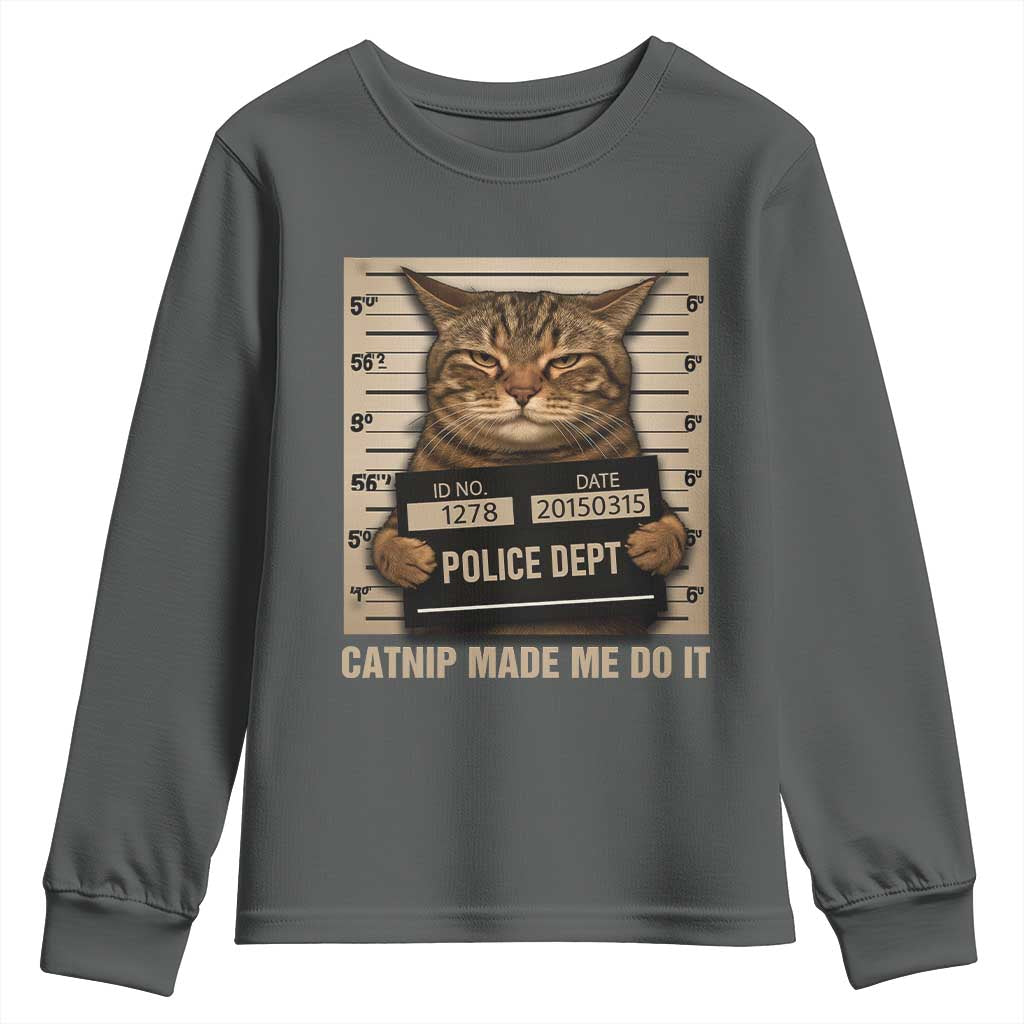 Funny Cat Mugshot Youth Sweatshirt Catnip Made Me Do It - Wonder Print Shop