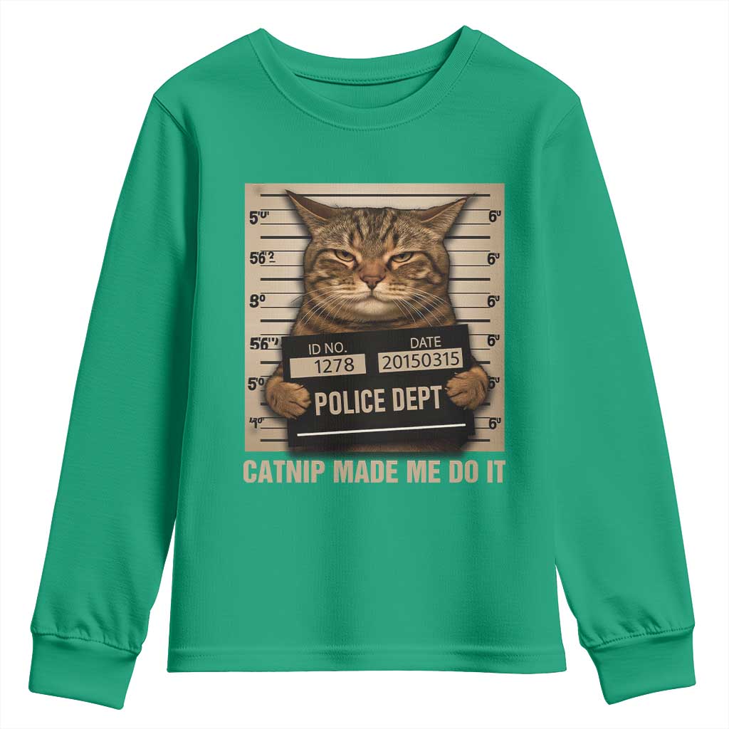 Funny Cat Mugshot Youth Sweatshirt Catnip Made Me Do It - Wonder Print Shop