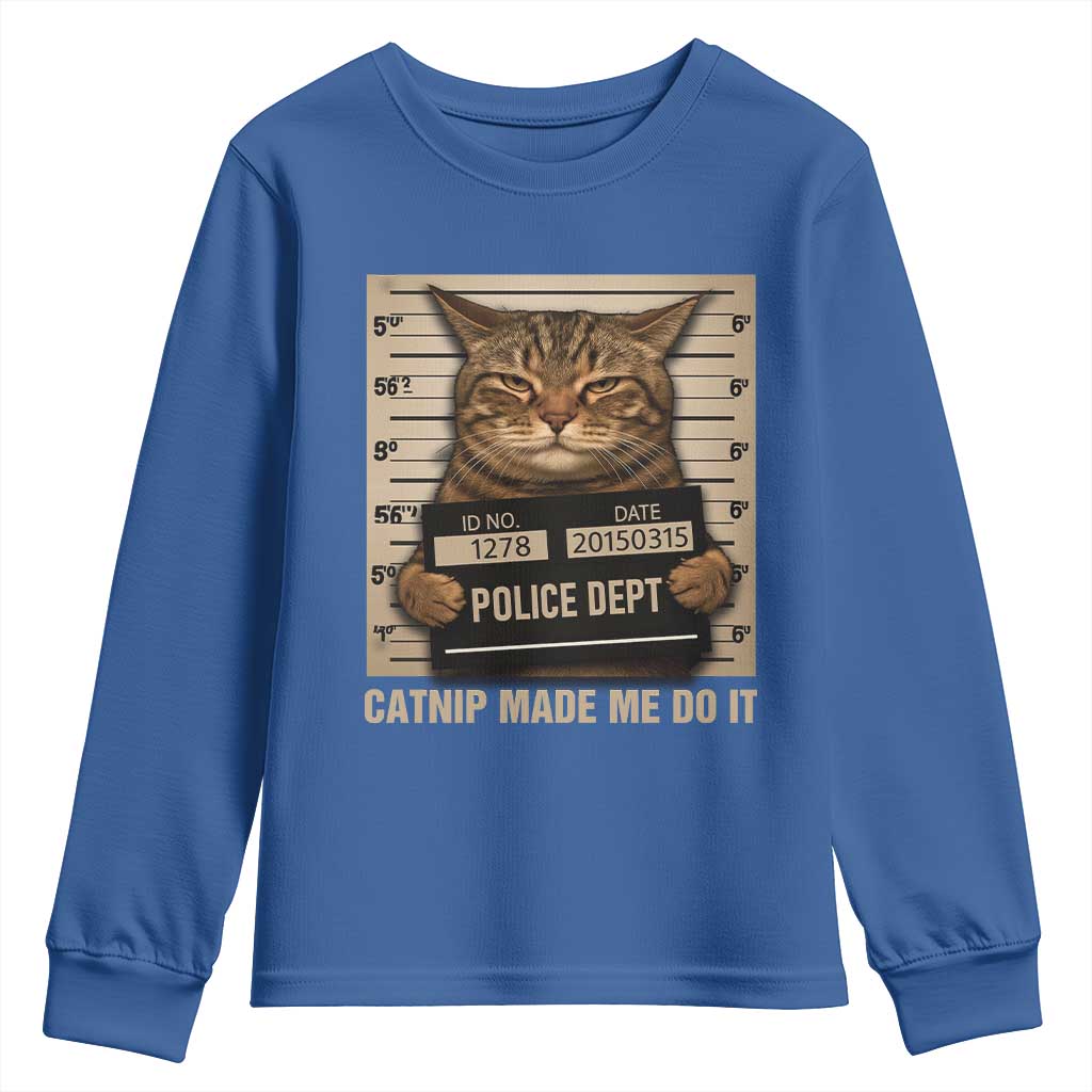 Funny Cat Mugshot Youth Sweatshirt Catnip Made Me Do It - Wonder Print Shop
