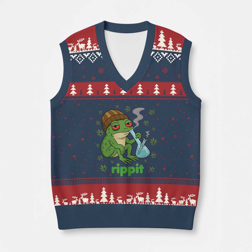 Rippit Frog V-Neck Knit Sweater Vest Funny 420 Stoner Weed Humor - Wonder Print Shop