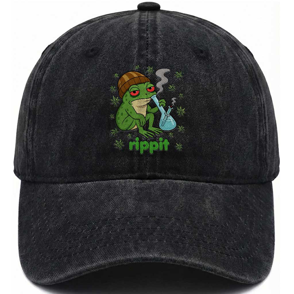 Rippit Frog Washed Cotton Baseball Cap Funny 420 Stoner Weed Humor
