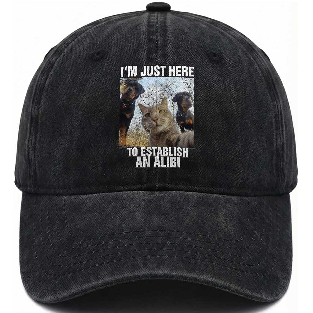 Funny Cat Dog Selfie Washed Cotton Baseball Cap I Am Just Here To Establish An Alibi