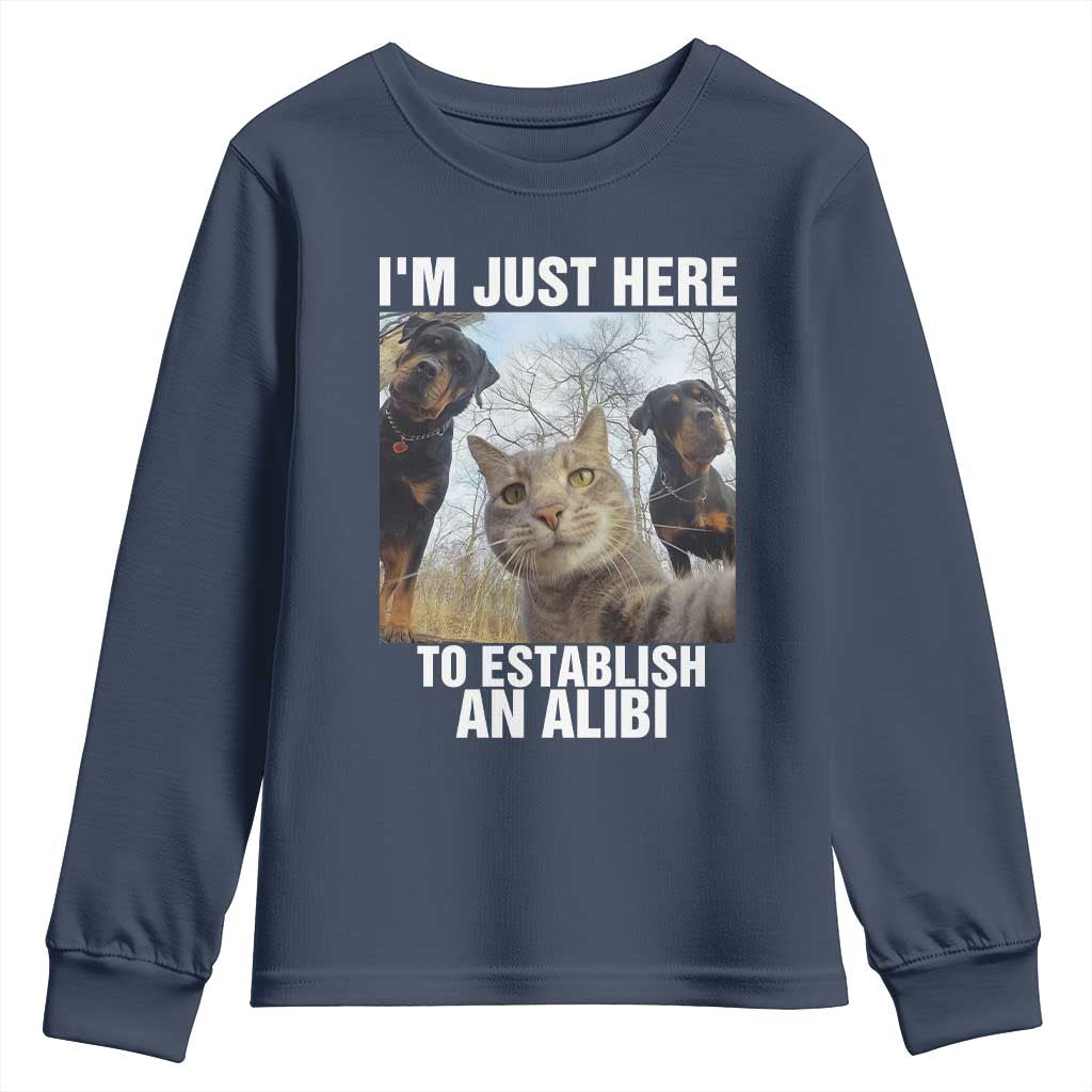 Funny Cat Dog Selfie Youth Sweatshirt I Am Just Here To Establish An Alibi - Wonder Print Shop