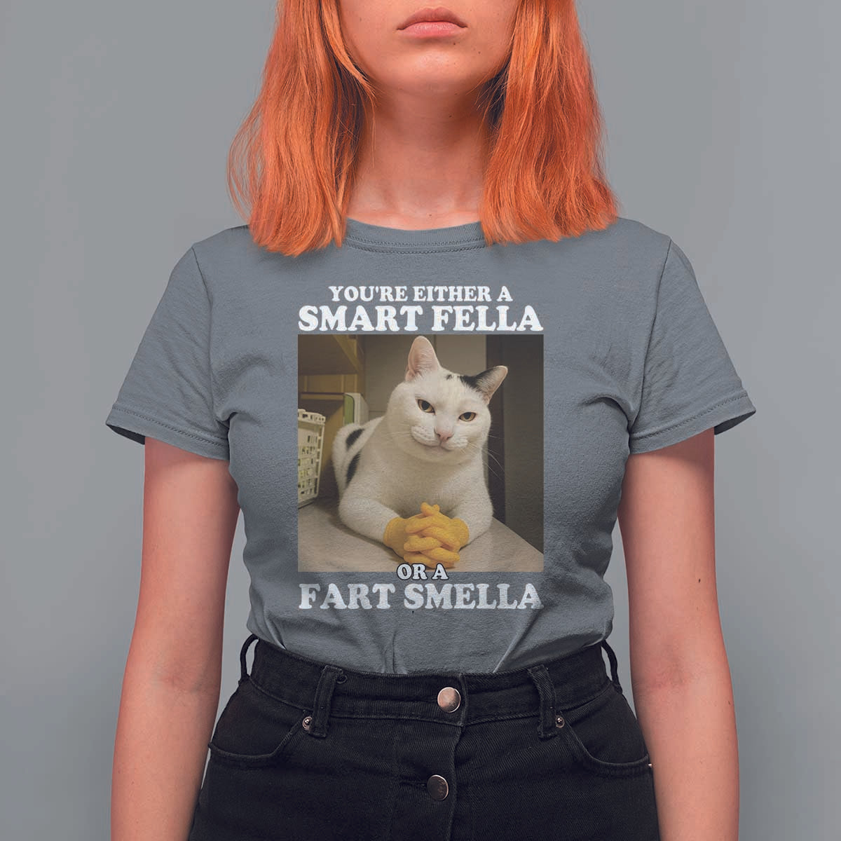 Funny Cat Meme T Shirt For Women You Are Either A Smart Fella Or A Fart Smella - Wonder Print Shop