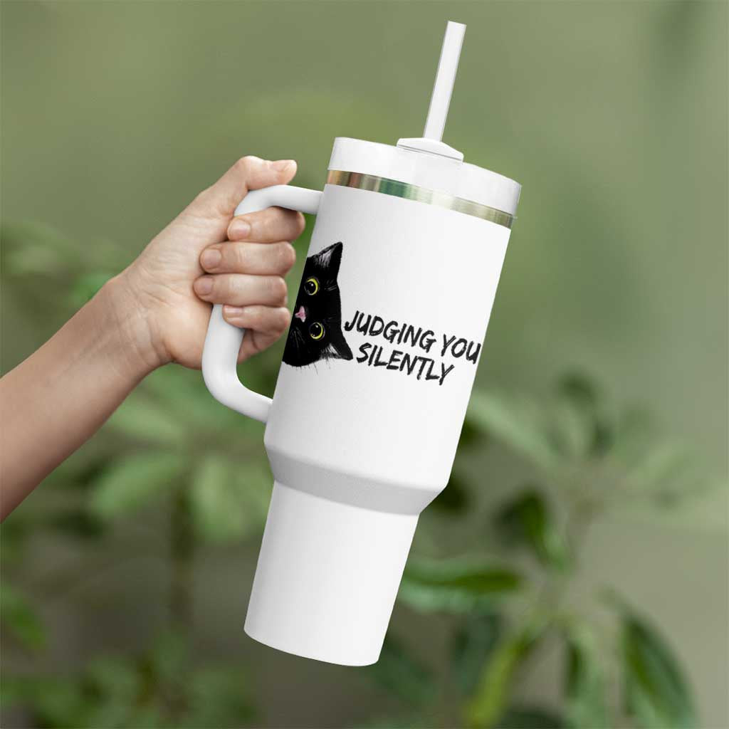 Judging You Silently Black Cat Tumbler With Handle Funny Sarcastic Kitten Pet Lovers