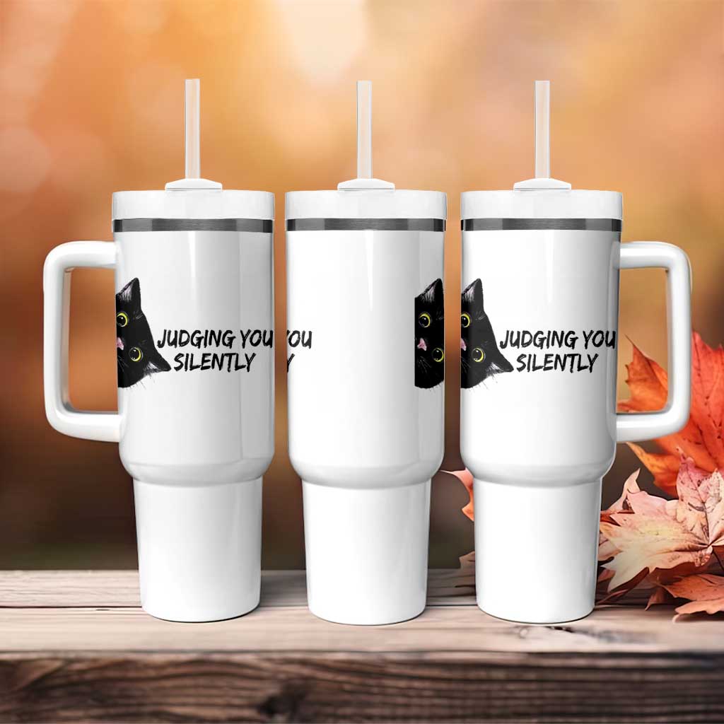 Judging You Silently Black Cat Tumbler With Handle Funny Sarcastic Kitten Pet Lovers