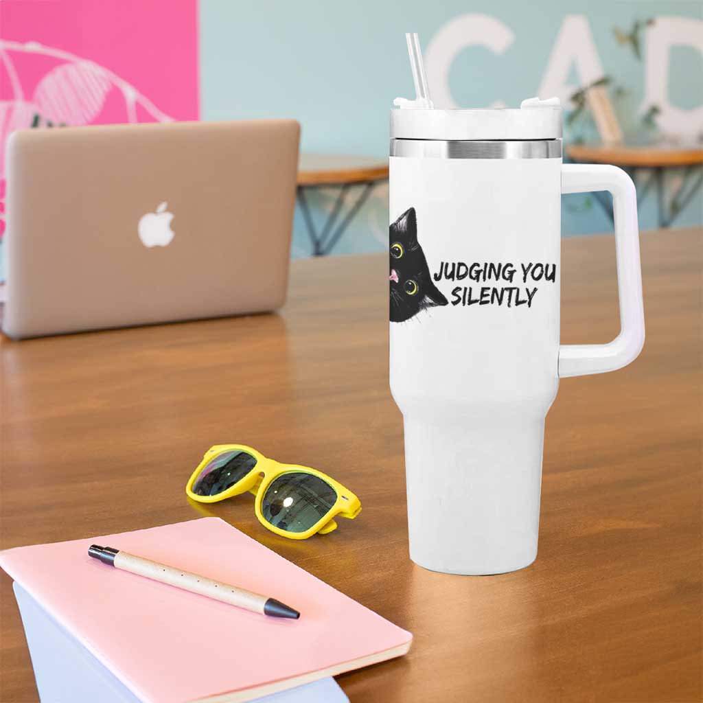 Judging You Silently Black Cat Tumbler With Handle Funny Sarcastic Kitten Pet Lovers