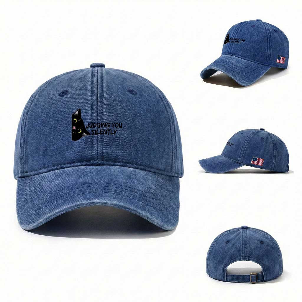 Judging You Silently Black Cat Washed Cotton Baseball Cap Funny Sarcastic Kitten Pet Lovers