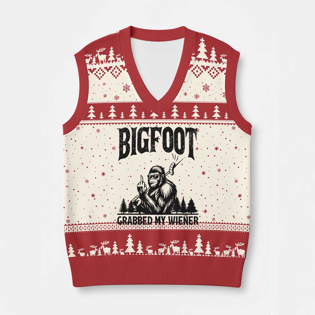 Bigfoot Grabbed My Wiener V-Neck Knit Sweater Vest Funny Sasquatch Camping - Wonder Print Shop