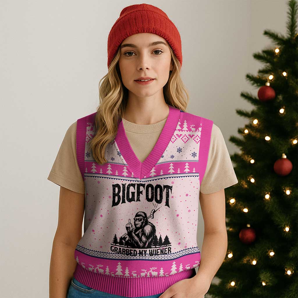 Bigfoot Grabbed My Wiener V-Neck Knit Sweater Vest Funny Sasquatch Camping - Wonder Print Shop