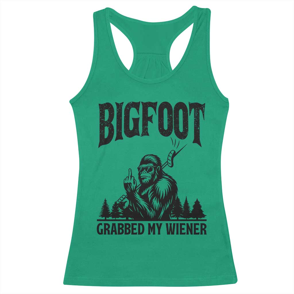 Bigfoot Grabbed My Wiener Racerback Tank Top Funny Sasquatch Camping - Wonder Print Shop
