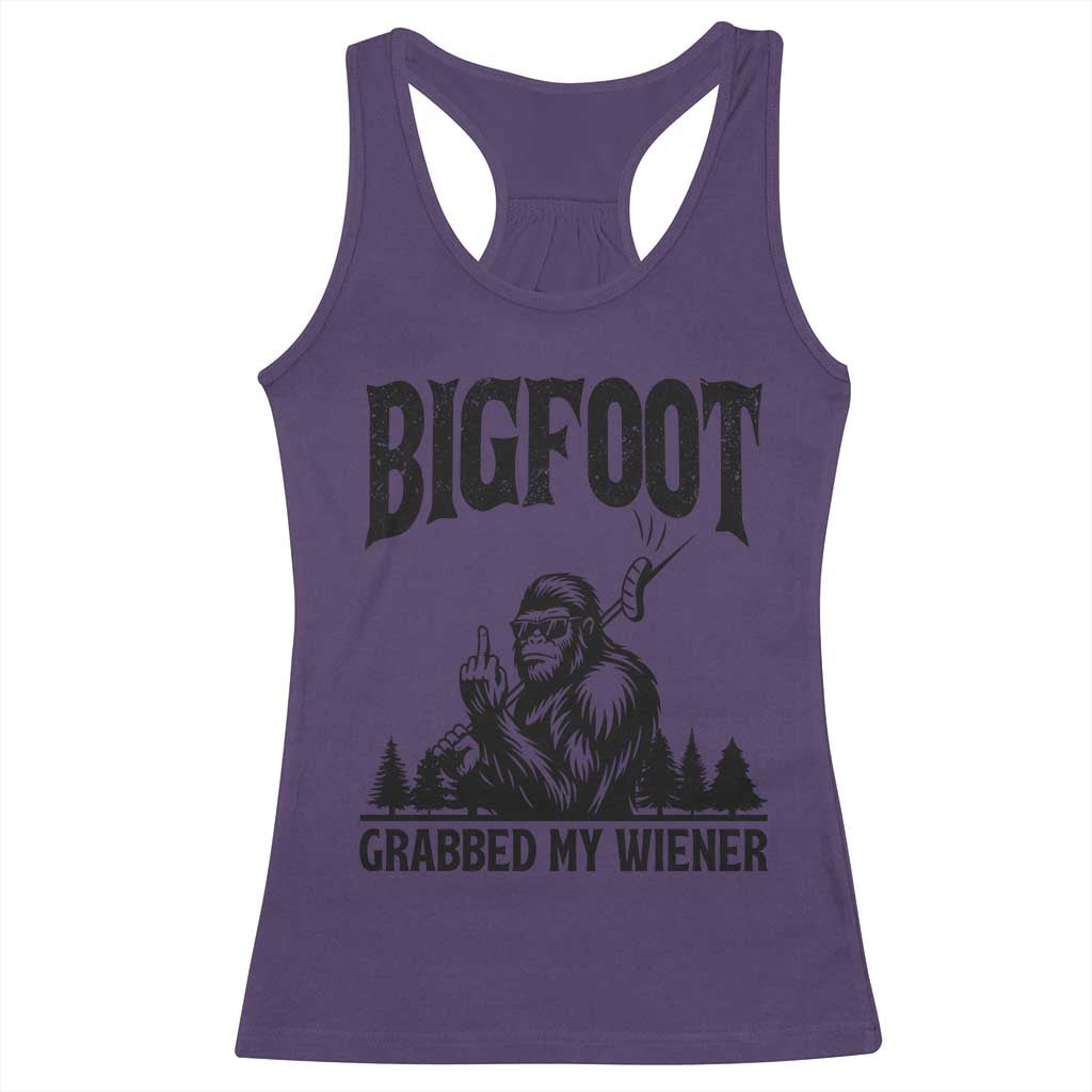 Bigfoot Grabbed My Wiener Racerback Tank Top Funny Sasquatch Camping - Wonder Print Shop
