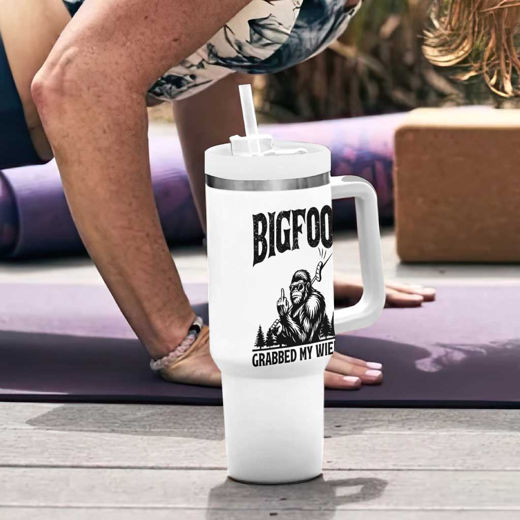Bigfoot Grabbed My Wiener Tumbler With Handle Funny Sasquatch Camping - Wonder Print Shop