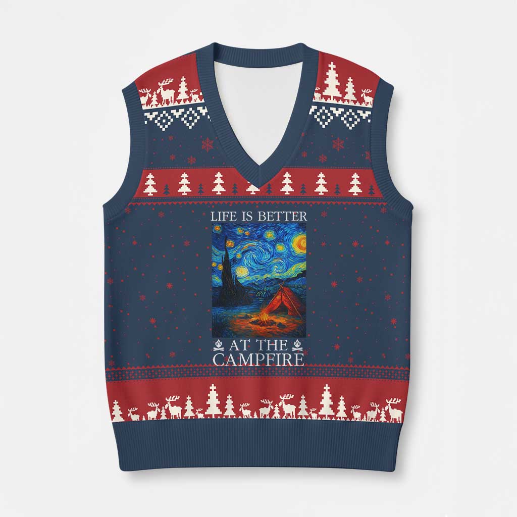 Funny Camping V-Neck Knit Sweater Vest Life Is Better At The Campfire - Wonder Print Shop