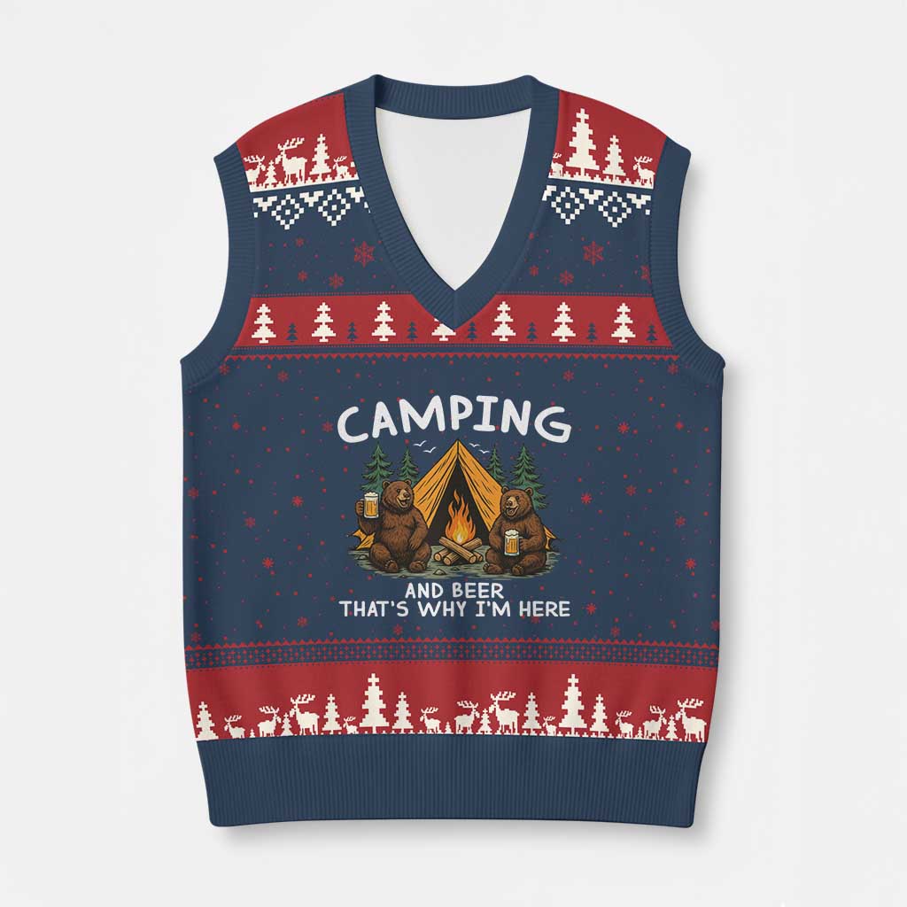 Funny Camping Beer V-Neck Knit Sweater Vest Bear Drinking Lover Gift - Wonder Print Shop