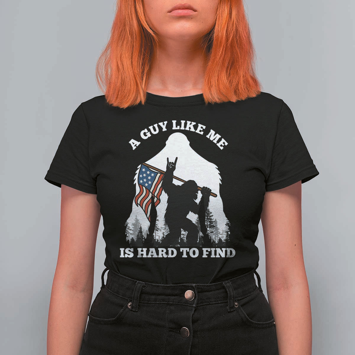 Bigfoot Patriotic American Flag T Shirt For Women Funny Sasquatch A Guy Like Me Is Hard To Find - Wonder Print Shop