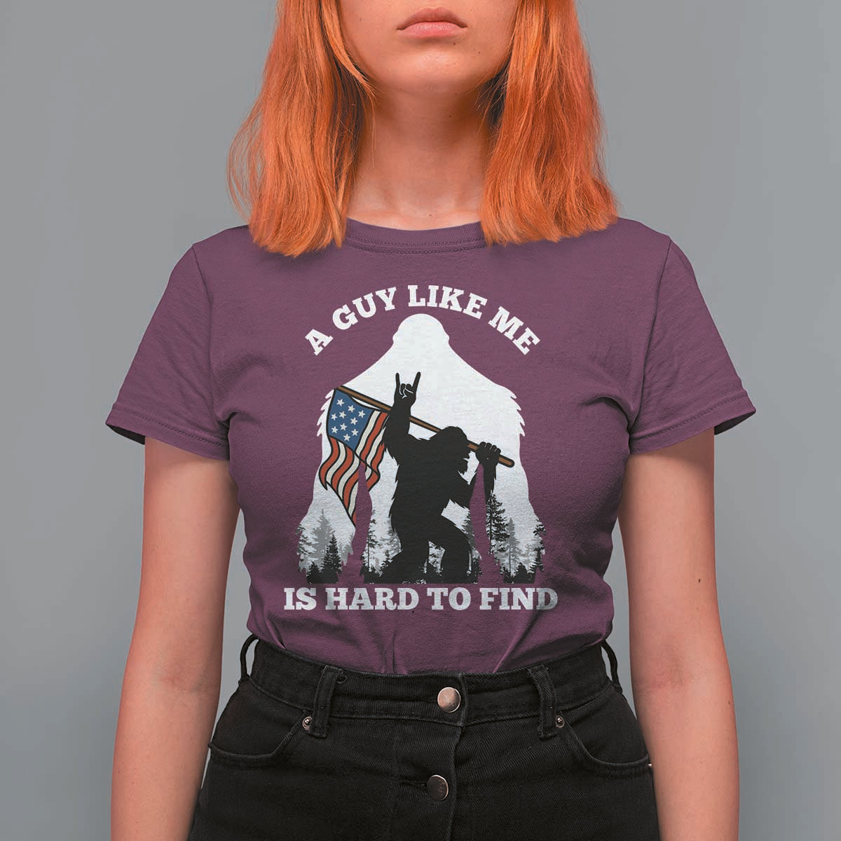 Bigfoot Patriotic American Flag T Shirt For Women Funny Sasquatch A Guy Like Me Is Hard To Find - Wonder Print Shop