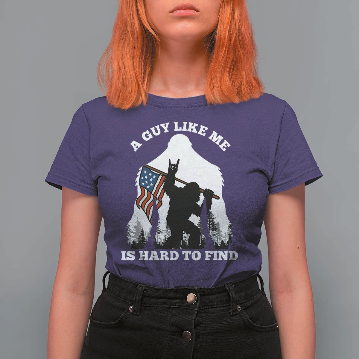 Bigfoot Patriotic American Flag T Shirt For Women Funny Sasquatch A Guy Like Me Is Hard To Find - Wonder Print Shop