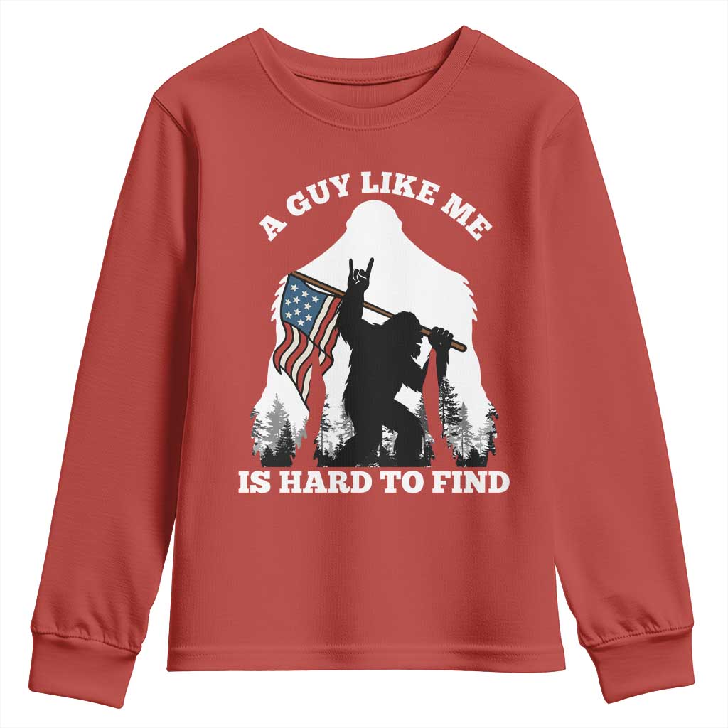 Bigfoot Patriotic American Flag Youth Sweatshirt Funny Sasquatch A Guy Like Me Is Hard To Find - Wonder Print Shop