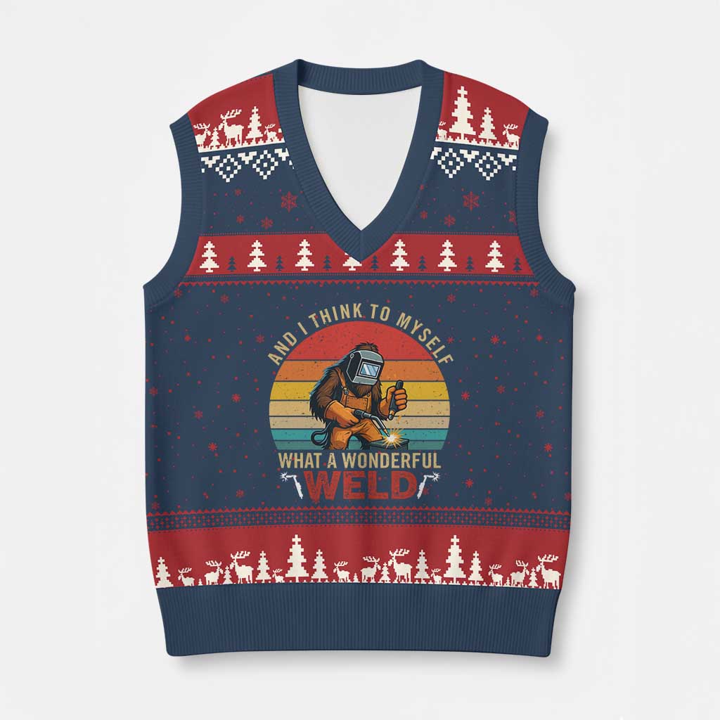 Funny Welding Bigfoot V-Neck Knit Sweater Vest And I Think To Myself What A Wonderful Weld - Wonder Print Shop