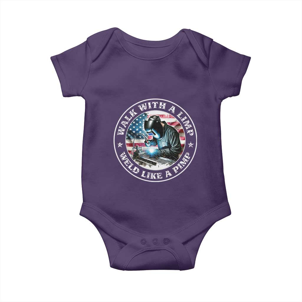 Walk With A Limp Weld Like A Pimp Baby Onesie Funny Welding Welder Patriotic American Flag - Wonder Print Shop