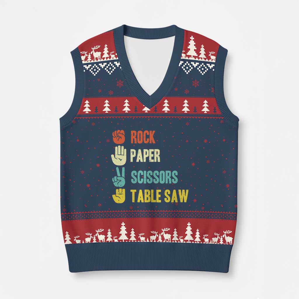 Funny Woodworker V-Neck Knit Sweater Vest Rock Paper Scissors Table Saw - Wonder Print Shop