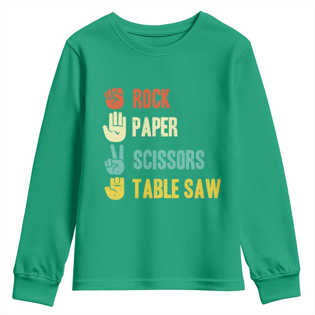 Funny Woodworker Youth Sweatshirt Rock Paper Scissors Table Saw - Wonder Print Shop