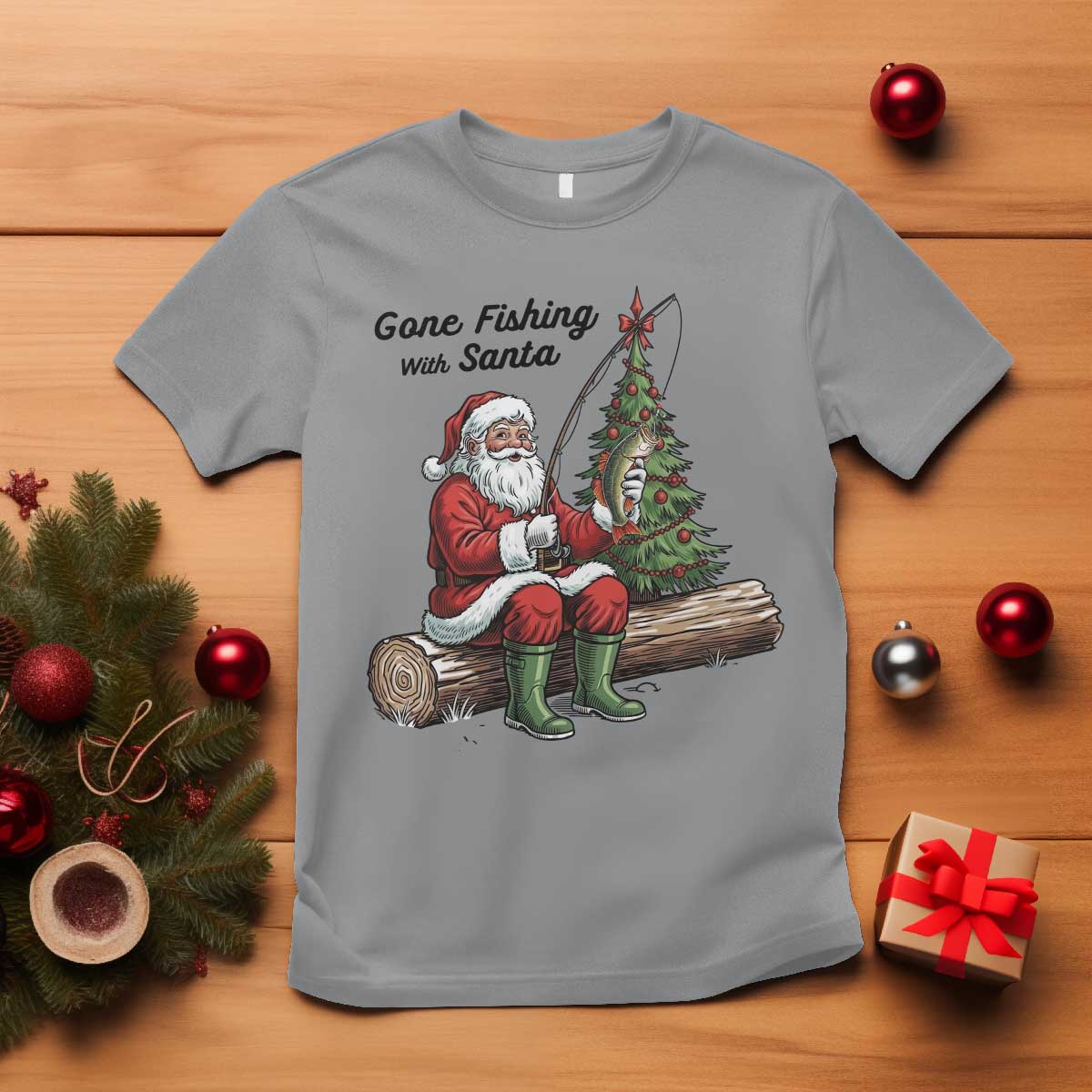Santa Fishing Chritsmas T Shirt Funny Fisherman Xmas - Wonder Print Shop