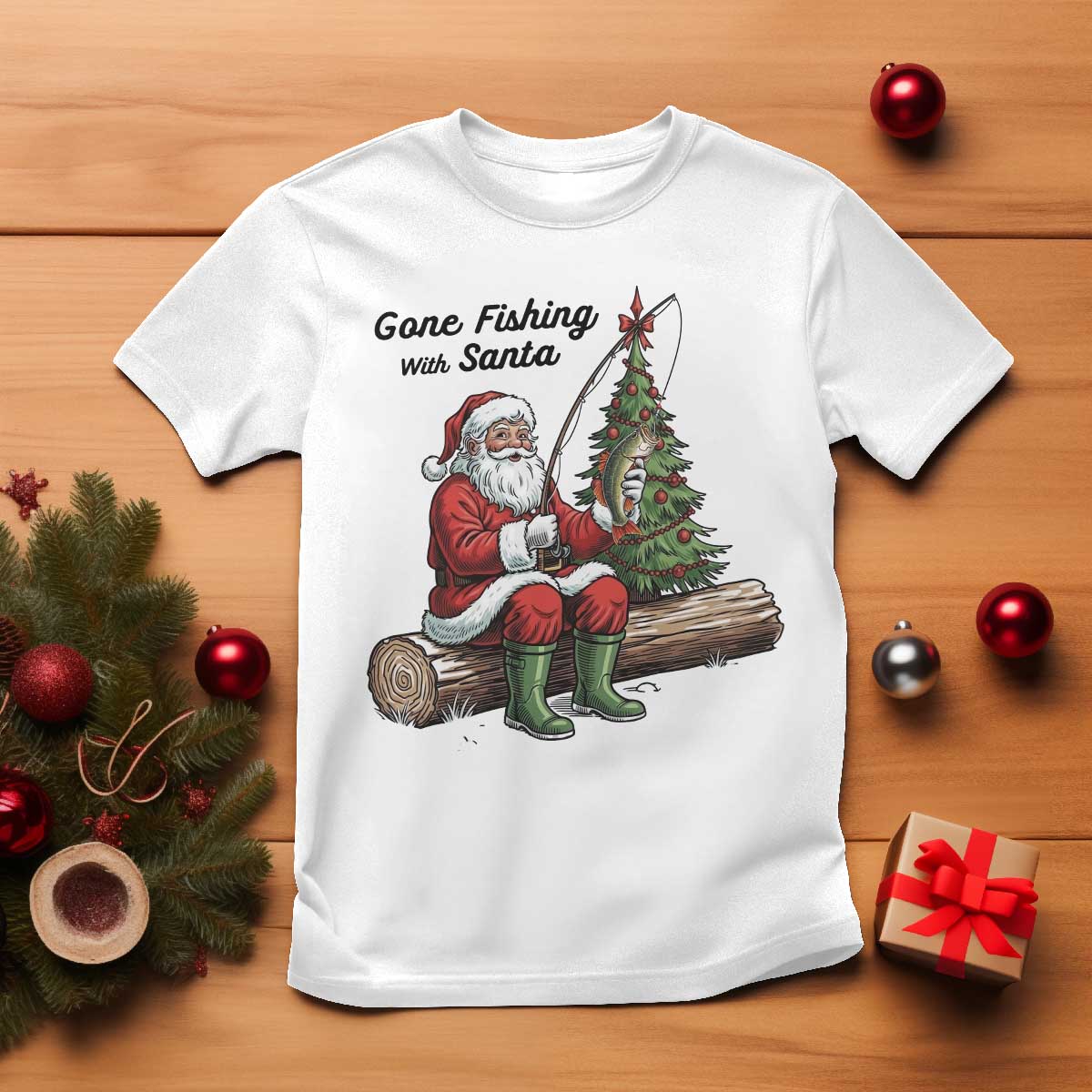 Santa Fishing Chritsmas T Shirt Funny Fisherman Xmas - Wonder Print Shop
