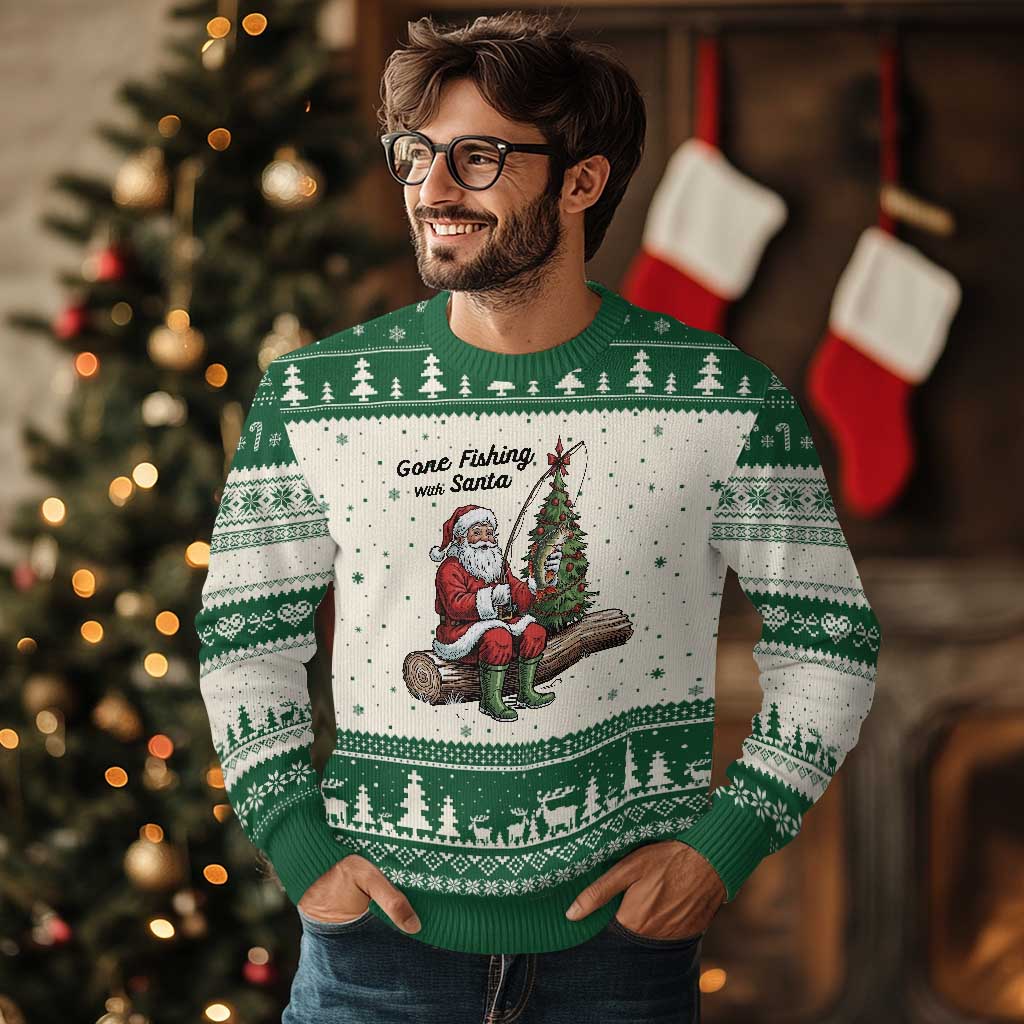 Santa Fishing Chritsmas Ugly Christmas Sweater Funny Fisherman Xmas - Wonder Print Shop