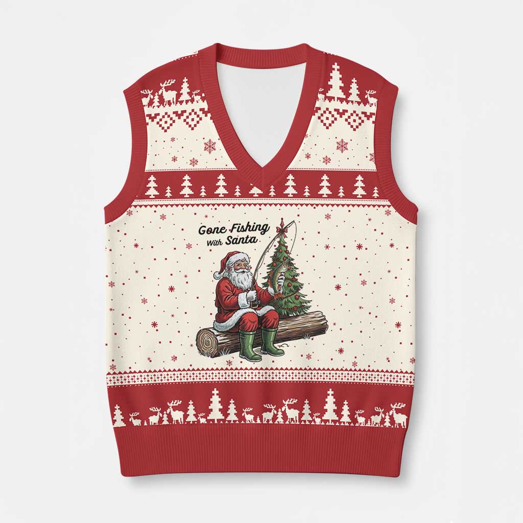 Santa Fishing Chritsmas V-Neck Knit Sweater Vest Funny Fisherman Xmas - Wonder Print Shop