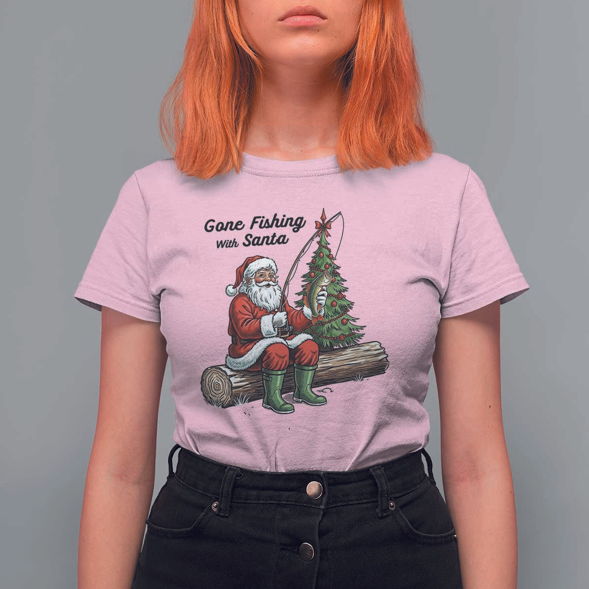 Santa Fishing Chritsmas T Shirt For Women Funny Fisherman Xmas - Wonder Print Shop