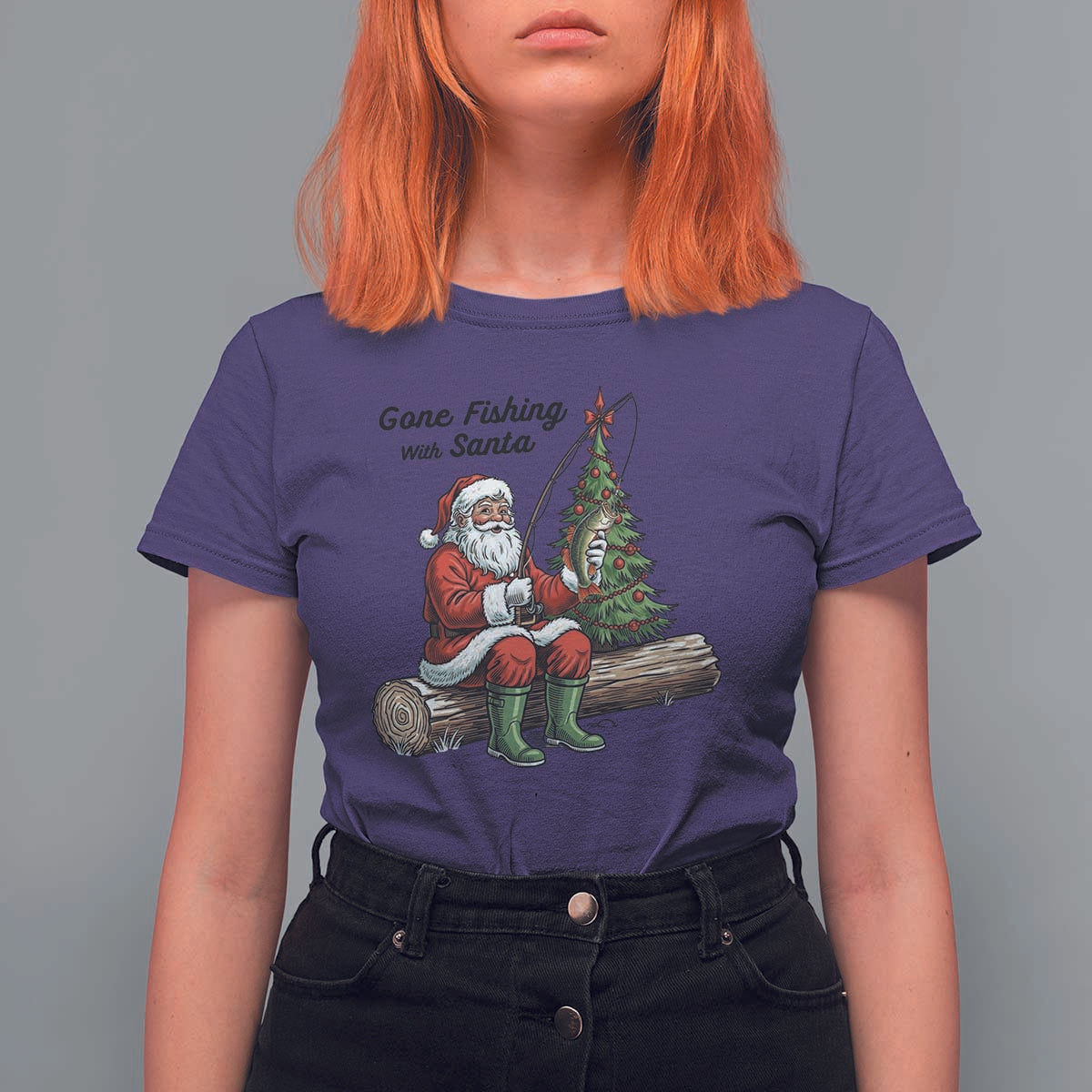 Santa Fishing Chritsmas T Shirt For Women Funny Fisherman Xmas - Wonder Print Shop