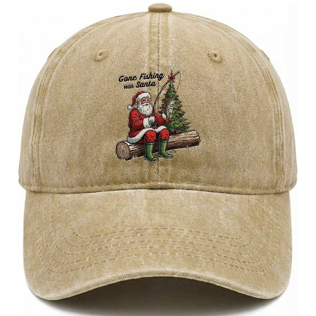 Santa Fishing Chritsmas Washed Cotton Baseball Cap Funny Fisherman Xmas