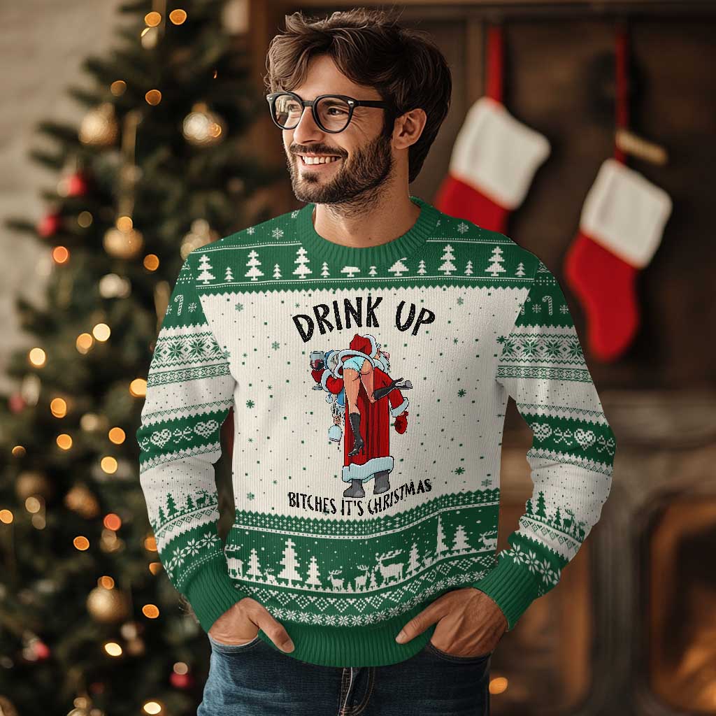 Funny Xmas Wine Ugly Christmas Sweater Drink Up Bitches It Is Xmas - Wonder Print Shop