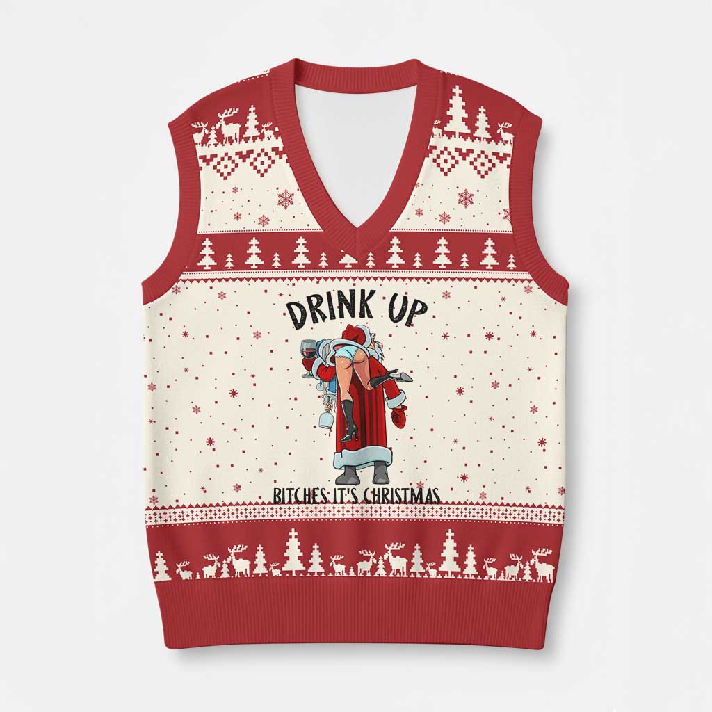 Funny Xmas Wine V-Neck Knit Sweater Vest Drink Up Bitches It Is Xmas - Wonder Print Shop