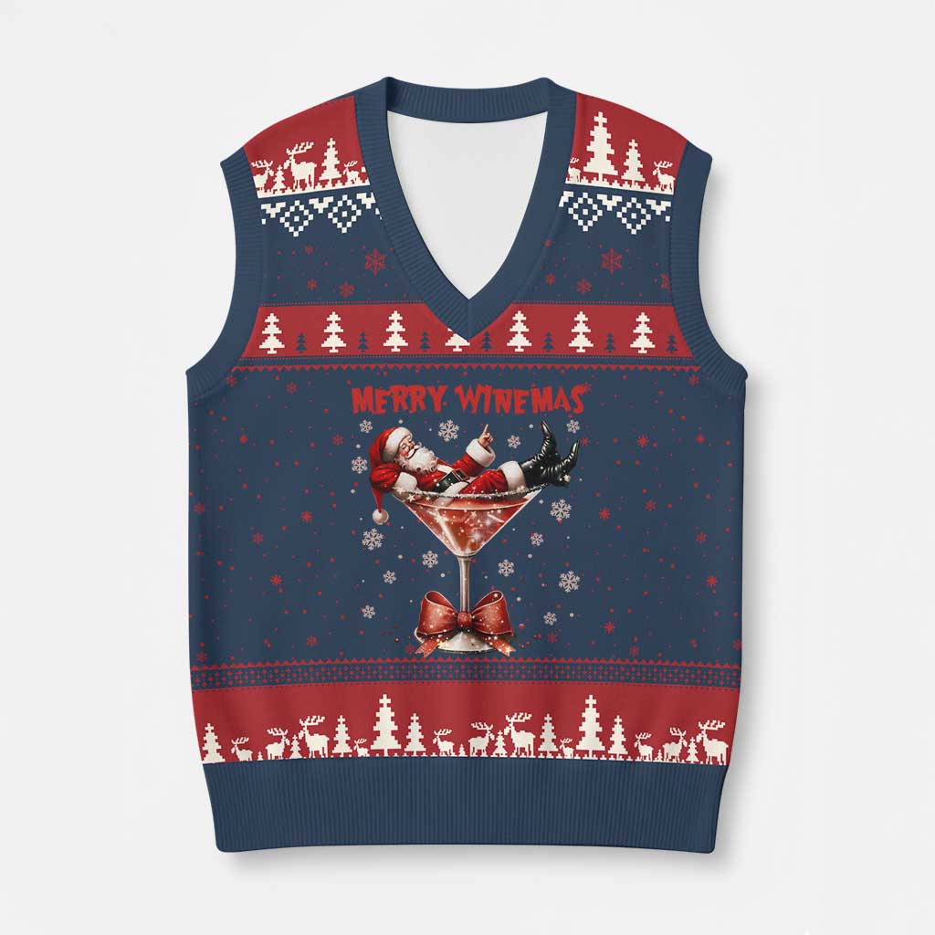Funny Xmas Wine V-Neck Knit Sweater Vest Santa Feeling Xmas - Wonder Print Shop