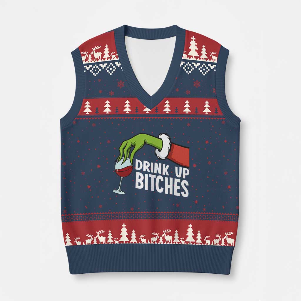 Funny Xmas Wine V-Neck Knit Sweater Vest Drink Up Bitches - Wonder Print Shop