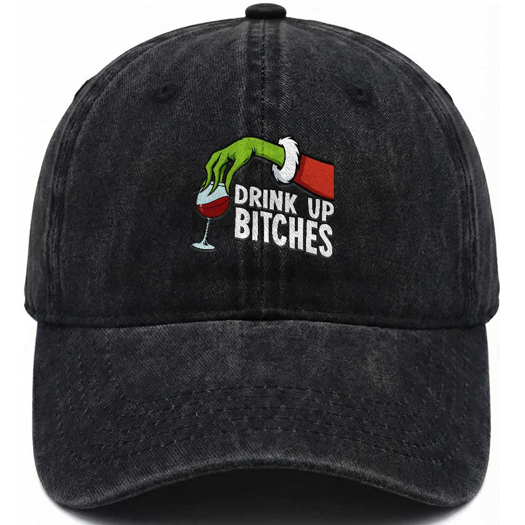 Funny Christmas Wine Washed Cotton Baseball Cap Drink Up Bitches