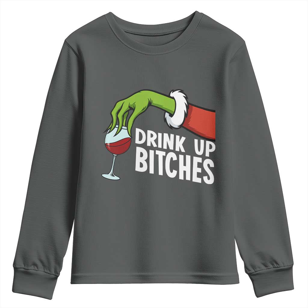 Funny Christmas Wine Youth Sweatshirt Drink Up Bitches - Wonder Print Shop