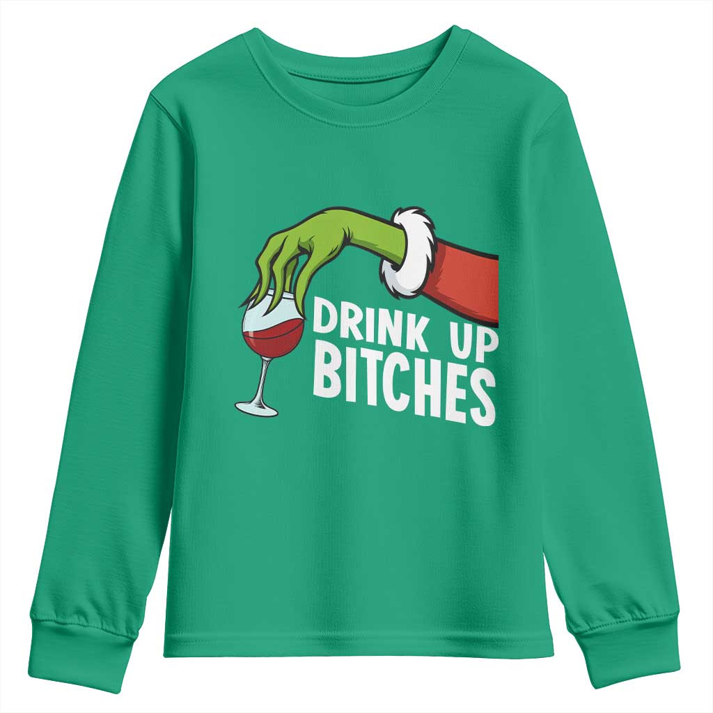 Funny Christmas Wine Youth Sweatshirt Drink Up Bitches - Wonder Print Shop