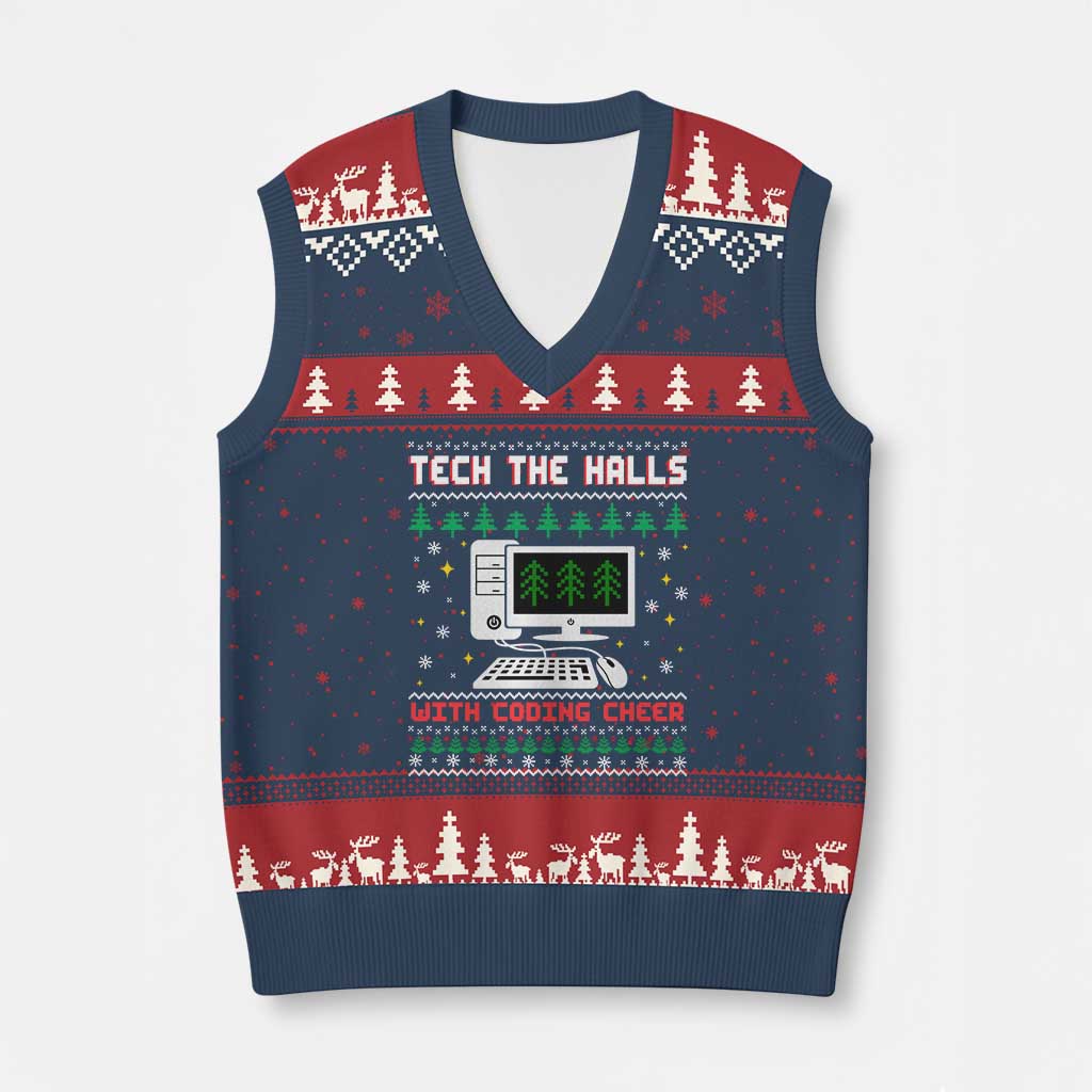 Tech Support Xmas V-Neck Knit Sweater Vest Tech The Halls With Cooking Cheer - Wonder Print Shop