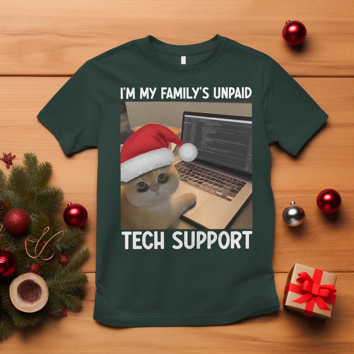 Funny Tech Support Cat Christmas T Shirt - Wonder Print Shop